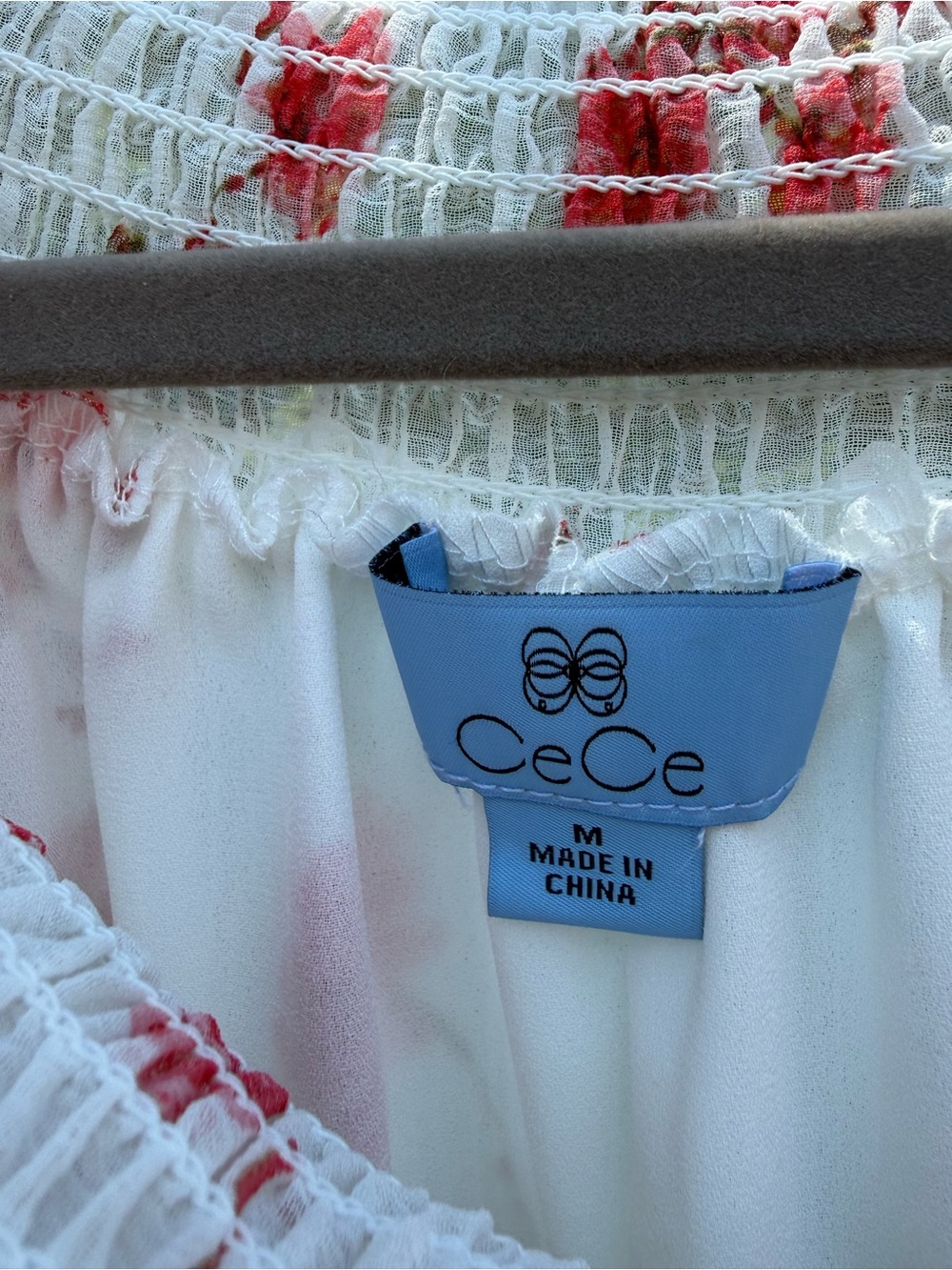 CeCe White Blouse with Coral Floral Print and Ruffle Smocked Neckline - Picture 4 of 8